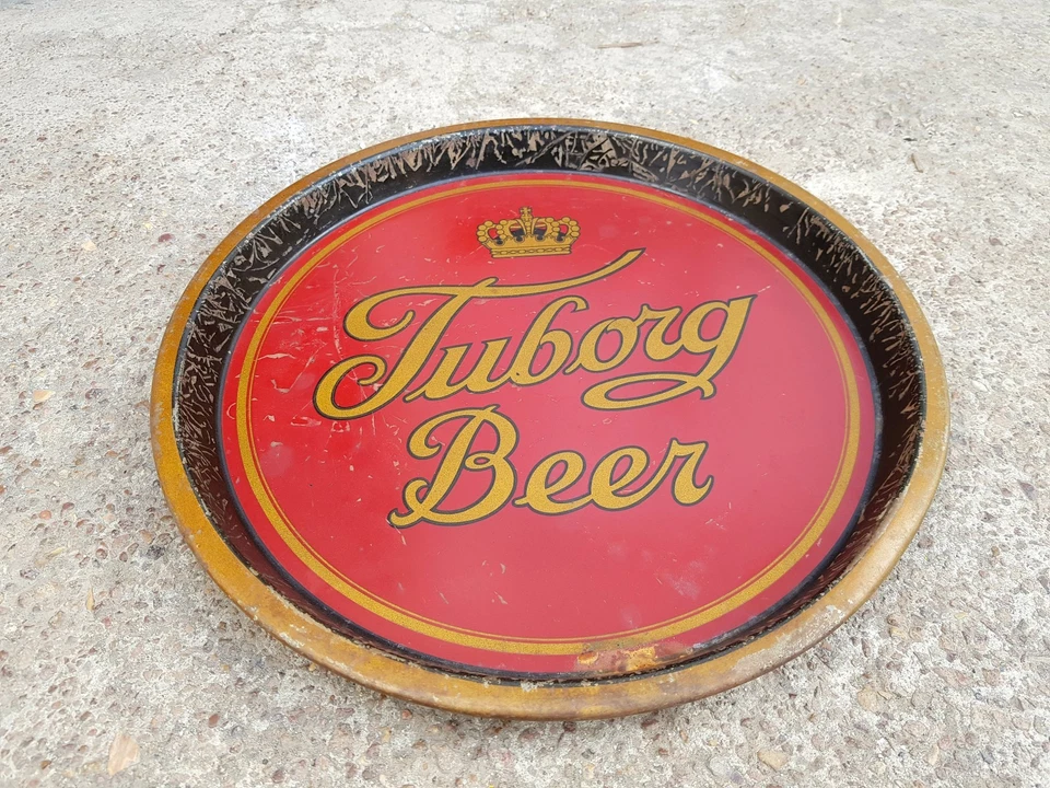 1930s Vintage Scarce Early Tuborg Beer Round Litho Tin Tray Denmark T1066 - Image 1 of 4