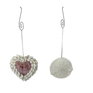2 Beach Ornaments - Heart Made of Seashells, and Resin, Sparkley Sand Dollar - Picture 1 of 4