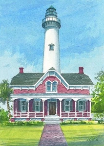 St. Simons Island Lighthouse Portrait, Georgia. Gerald Hill Watercolor Prints - Picture 1 of 2