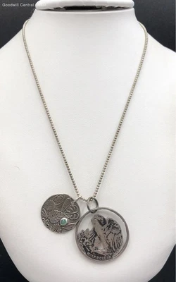 925 Silver Beaded Chain Claw Clasp Necklace 1/2 Coin & W/ Leaf Design Pendants - image 1 of 4