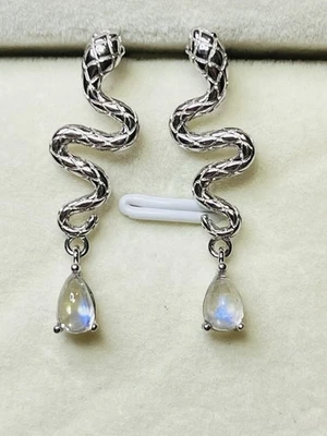 925 Sterling Silver Natural Rainbow Moonstone Snake Dangle Stud Earrings - Image 1 of 4