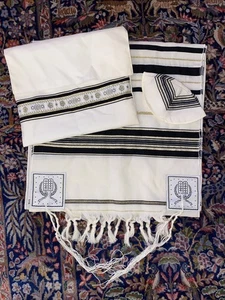 Traditionelles schwarz/gold Streifen Tallit Set 18 x 72 Stoff, Kippa & Tasche - Bild 1 von 9