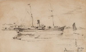 E. LEE (19.Jhd), Segeldampfer an der Küste, um 1860, Bleistift Romantik - Picture 1 of 5
