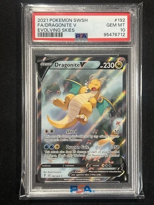 2021 Pokemon SWSH F/A Dragonite V 192/203 Evolving Skies PSA GEM MINT 10 - Image 1 of 2
