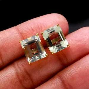 Aretes octágonos amatista verde natural chapados en oro en plata de ley 925 - Imagen 1 de 12