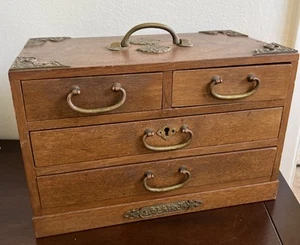 VTG Japanese Tansu Asian Wood Jewelry Box Chest Brass Multi Drawer - Picture 1 of 13
