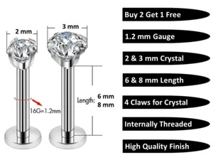 CZ Crystal Internally Threaded Piercing Septum Cartilage Earring Lip Stud - Picture 1 of 6