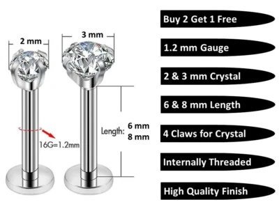CZ Crystal Internally Threaded Piercing Septum Cartilage Earring Lip Stud - Image 1 of 4