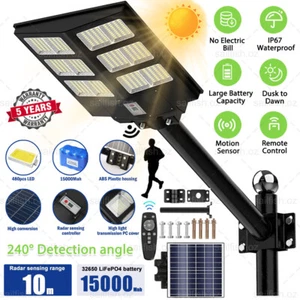 Super Bright Commercial Solar Street Light Dusk to Dawn Road Lamp+Pole+Remote - Picture 1 of 12