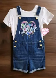 Chillipop Girls Size 10/12 Denim Blue Jean Overalls Short Set W/Shirt Love New! - Picture 1 of 5