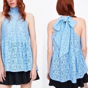 Zara Blau Spitze Schößchen Ärmellos High Neck Top Gr. L Neu mit Etikett - Bild 1 von 10