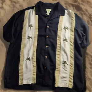 VTG Trader Bay Hawaiian Shirt Mens XXL Black Embroidered Palm Trees Beach 790 - Picture 1 of 11
