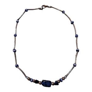 Collana perle di vetro blu tono argento vintage 16" - Foto 1 di 7