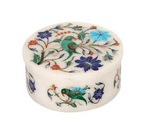 Round Marble Jewelry Box Semi Precious Stone Inlay Work Candy Box for Restaurant - Picture 1 of 4