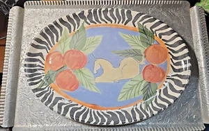 Vintage "Keyes" Hand Painted Pottery Platter Signed Zebra Stripes Unicorn Fruit - Picture 1 of 9