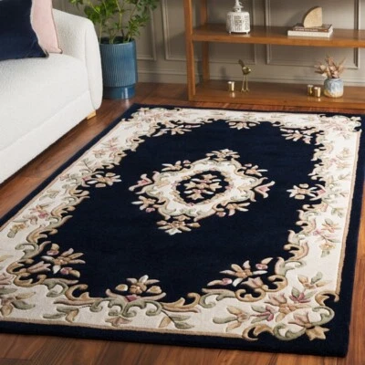 Alfombra tradicional medallón tallada a mano de lana azul marino *ENVÍO GRATUITO* Foto 1 de 4