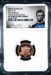 2021 S US Neuwertig 7 Münzen Silber Proof SET Version LINCOLN CENT Penny NGC PF70 RD ER - Bild 1 von 2