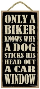 Only A Biker Knows Why A Dog Sticks His Head Out A Car Window 10"x5" sign 425 - Picture 1 of 3