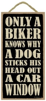 Only A Biker Knows Why A Dog Sticks His Head Out A Car Window 10"x5" sign 425 - Image 1 of 3