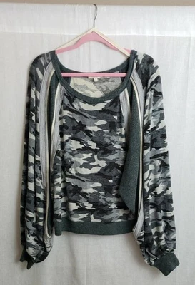 Easel Sweater Gray Camouflage Patchwork Dolman S Casual Cozy Autumn Fall - Image 1 of 4