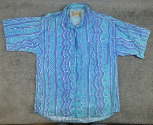 Bugle Boy Shirt Mens Large Purple Blue Hawaiian Print Cotton Y2K Bayside Ocean - Picture 1 of 7
