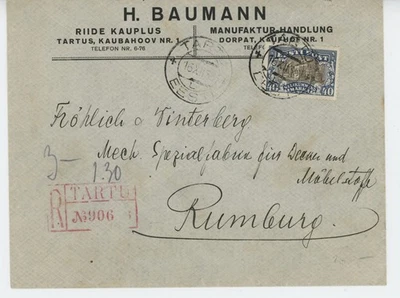 1930 ESTONIA TO CHECKOSLOVAKIA 40M FOREIGN RATE REGISTERED LETTER SUPERB - Image 1 of 2