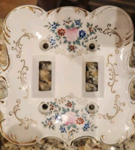Vintage Japan Floral Roses Porcelain Gold Double Light Switch Plate Cover - Picture 1 of 2