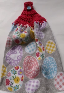 REDDISH Yarn Crocheted Top COLORFUL EASTER EGGS Print Cotton Kitchen Towel - Picture 1 of 2