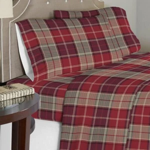 Red Maroon Beige Tan Plaid 4pc Flannel Sheet Set Twin XL Full Queen Cal King Bed - Picture 1 of 3