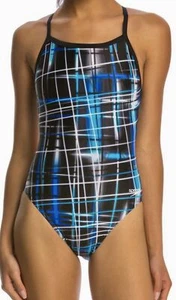 SPEEDO Laser Sticks Fly Back Black Blue White Swim Suit Womens 2 28 30 6 32 8 34 - Picture 1 of 7