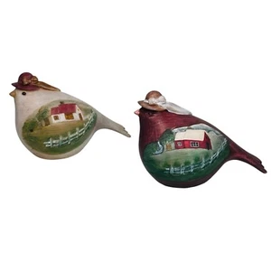 Folk Art Cardinal Bird Hand Painted w/ Country Barn Scene Figures Decor Lot of 2 - Picture 1 of 20