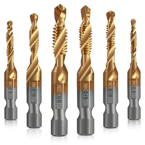 6 Drill & Tap Set HSS Titanium 6-32Nc 8-32Nc 10-32Nc 10-24Nc 12-24Nc 1/4-20Nc - Picture 1 of 12