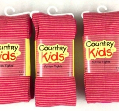 3 Pack Country Kids Cotton Girls Tights 9-11 Years Pink with Stripes - Image 1 of 4