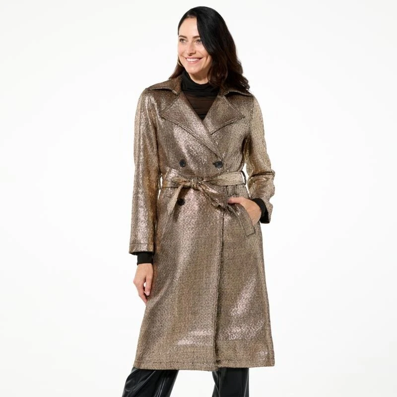 Kathy Ireland Fashion 360 Metallic Trench Coat Size XS Gold Outdoor Shimmer NEW - Image 1 of 4