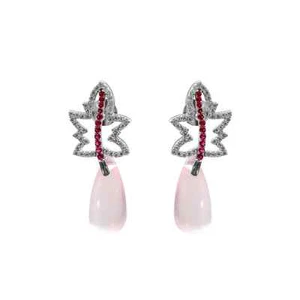Natural Rose Quartz & Diamond Dangle Drop Ruby Earrings 18k Solid Gold Bridal - Picture 1 of 6