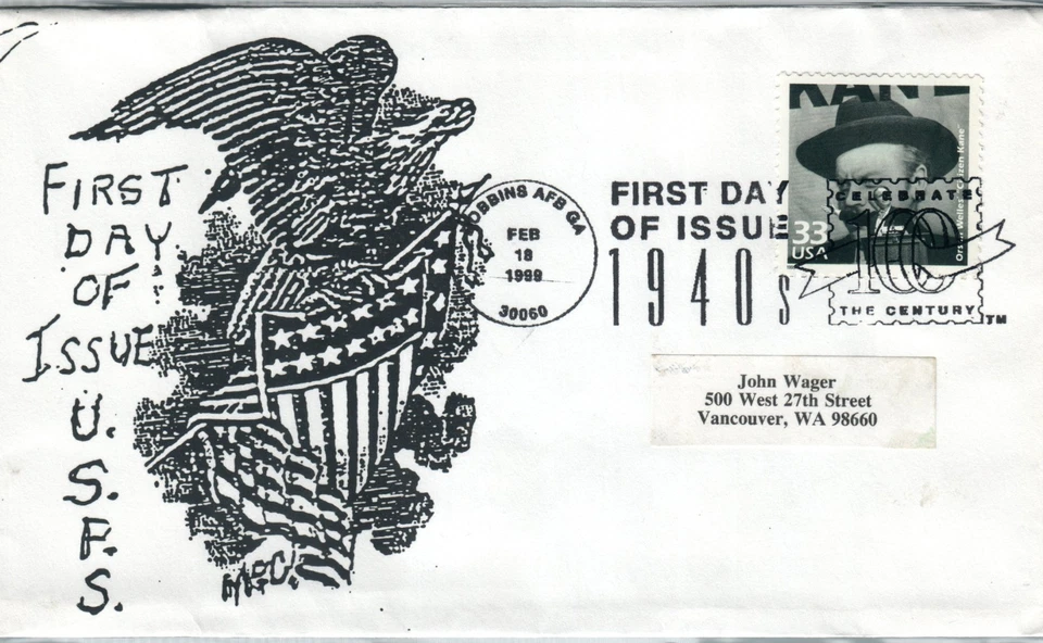 1999  First day Cover #3186o Orson Wells Citizen Kane Scarce cachet - Image 1 of 2