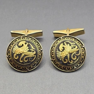 VTG Damascene Asian Gold & Black Cufflinks Mythical Bird or Dragon Motif 29.3 mm - Picture 1 of 7