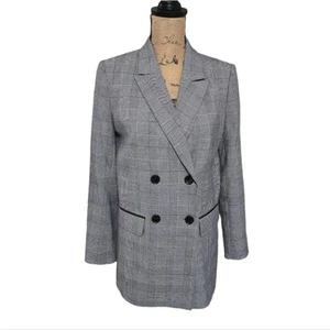 DKNY Plaid Double Breasted Blazer Jacket Black White Gray Business Casual - Picture 1 of 7