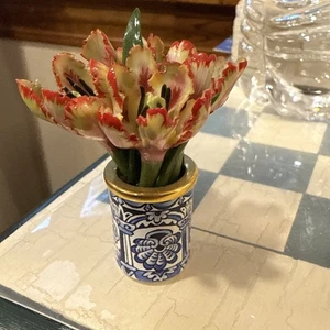Halcyon Days Bonbonniere Emaille, helle Miniatur blühende Tulpen in Vase - Bild 1 von 8