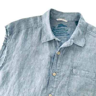 Tommy Bahama Cut Off Sleeve Blue Linen Button Up Sleeveless Men’s Shirt Large - Image 1 of 4
