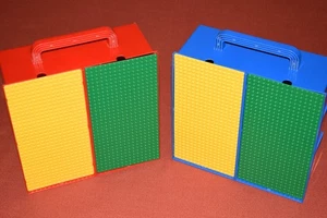 2 Lot Lego 2745 Red Blue Storage Container Yellow & Green Studded Lid 2x16x32 - Picture 1 of 7