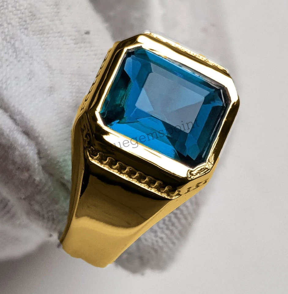Anillo de piedras preciosas de topacio azul natural con anillo hecho a mano de oro amarillo real de 14K para hombre Foto 1 de 3
