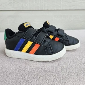 Adidas Grand Court 2.0 Boy SZ 9 Black Athletic Sneaker Hook & Loop Colorful - Picture 1 of 12