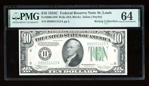 DBR 1934-C $10 FRN Wide St. Louis Fr. 2008-Hw PMG 64 Serial H98051412A - Picture 1 of 2