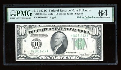 DBR 1934-C $10 FRN Wide St. Louis Fr. 2008-Hw PMG 64 Serial H98051412A - Image 1 of 2