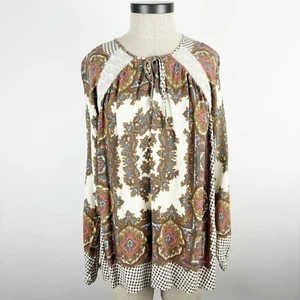 UMGEE Womens Top Size Medium Front Tie Paisley Long Sleeves Beige Brown Blouse - Picture 1 of 13