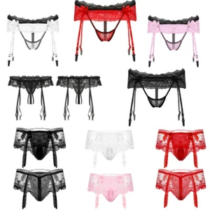 Men Sexy Sissy Panties Lace G-String with Garter Underwear Briefs Lingerie AU - Picture 1 of 3