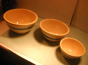 Vintage Set of 3 Stoneware Bowls withBlue & White Bands - Picture 1 of 3