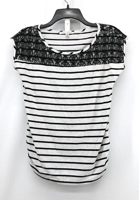 Maria Gabrielle Shirt Womens Size PM Black Gray Striped Lace Neck Line Top - Image 1 of 4
