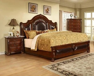 3PC Eastern King Traditional Bedroom Set Solid Wood Furniture Set, Cherry Finish - Picture 1 of 9